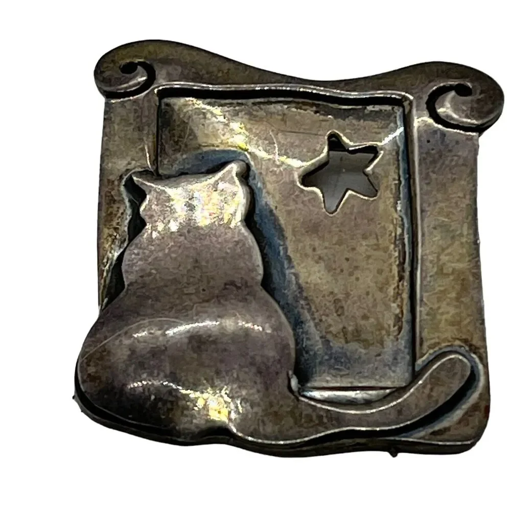 Far Fetched 925 Silver Cat Kitten Window Star Retro Brooch / Pin Women Uncleaned